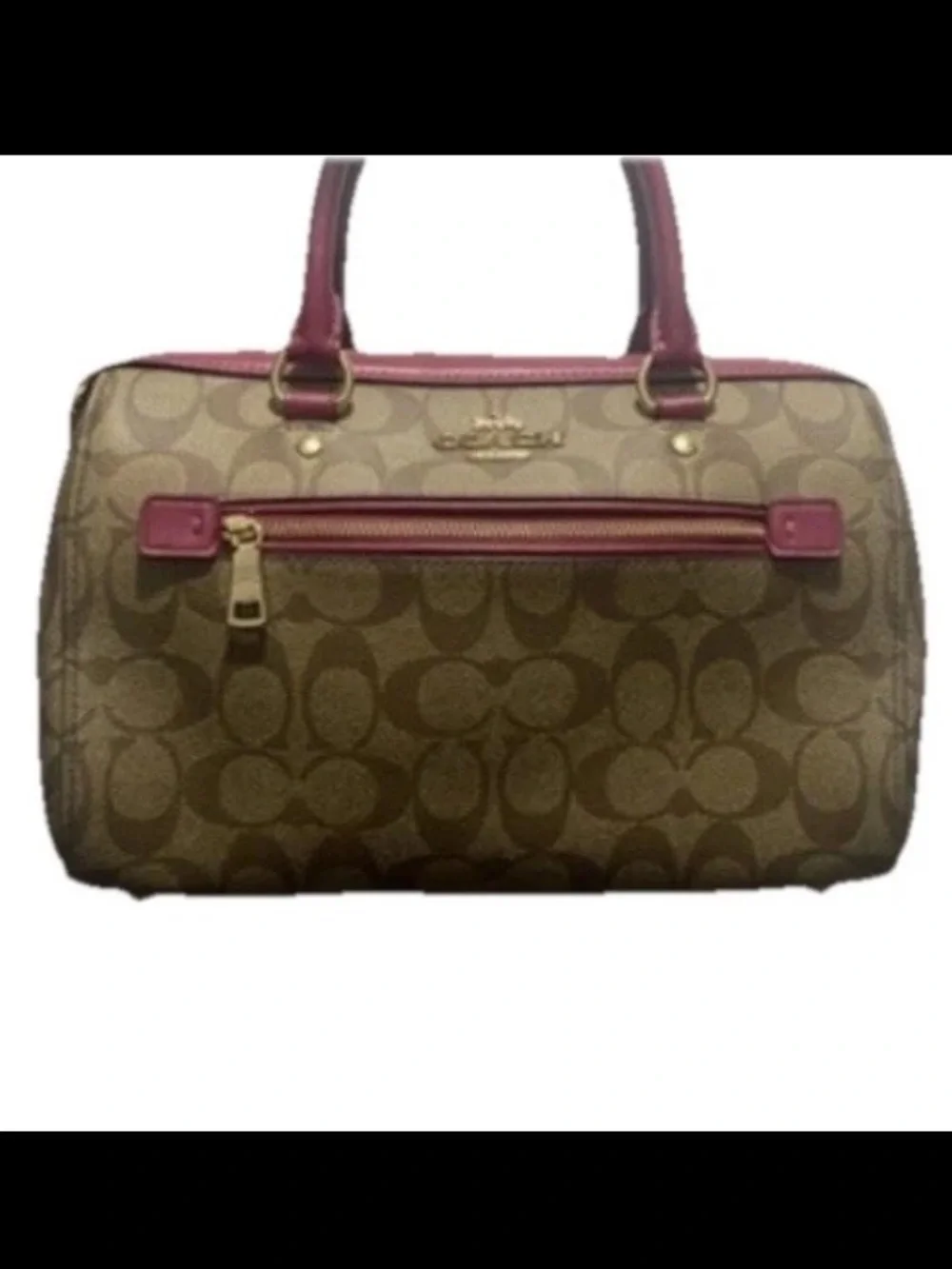 Coach Khaki & Dark Fuchsia Pink Rowan Signature Canvas Satchel Crossbody Handbag
